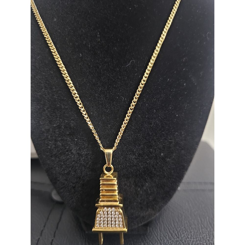 Gold Tone Plug PendantCharm w/ Rhinestones on 24in stainless SteelCubanLinkChain